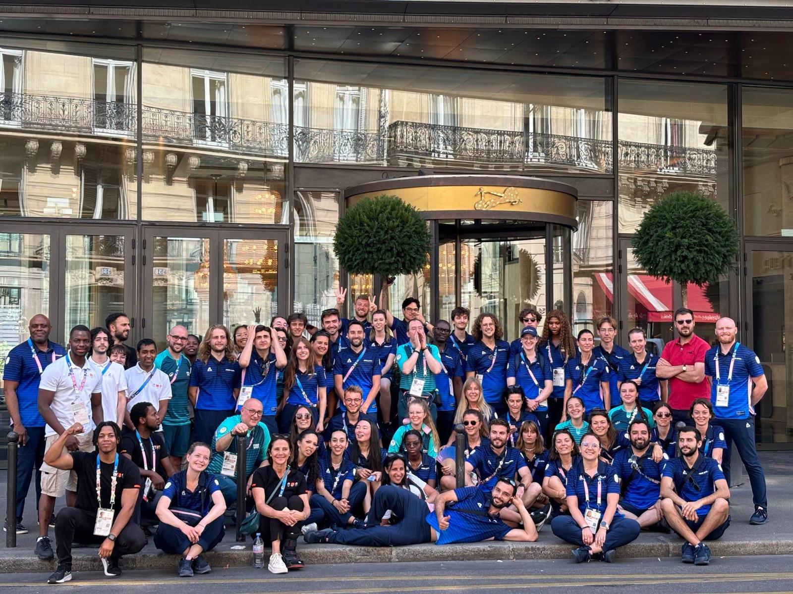 Operations team assembled outside a Paris 2024 venue entrance